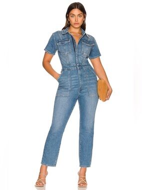 Good American Fit For Success Denim Jumpsuit Blue274 Utility Zip Front Size 3 💚